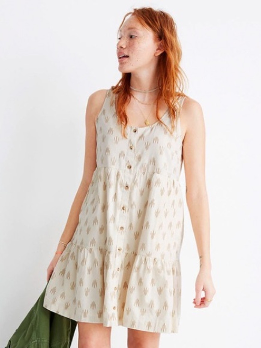 Madewell button front sleeveless Cream Tank Button-Front Tiered Mini Dress Ikat